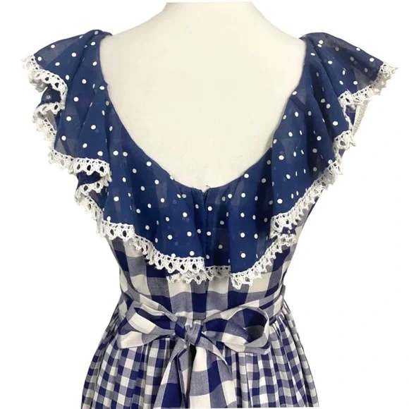 Vintage 70s Blue Gingham Maxi Dress White Checkered Prairie Dress Plaid Long - Picture 9 of 14